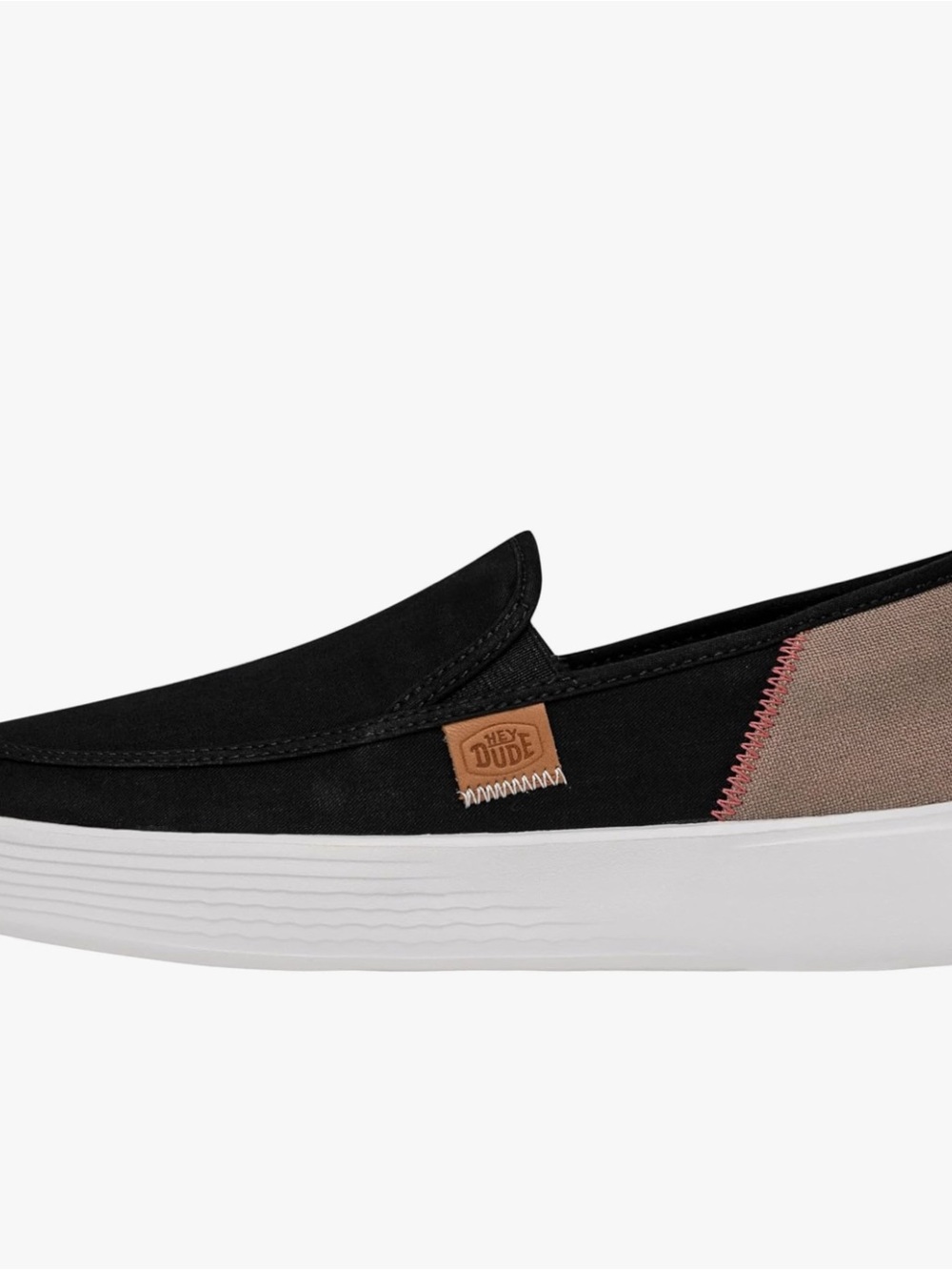 Woman’s Hey Dude Black Canvas Slip-On Loafer with Tan/Pink Accent